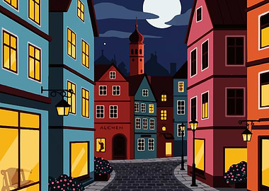 Night street with colorful buildings