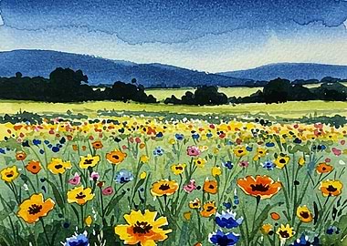 Watercolor Field of Flowers Landscape