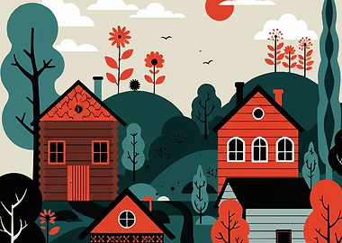 Stylized Village Landscape Illustration