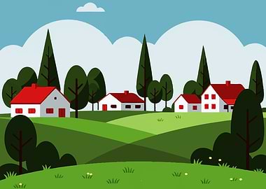 Cartoon Village Landscape with Red Roofs