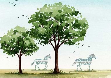 Watercolor Trees and Horses Landscape