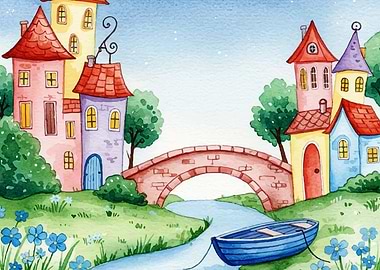 Watercolor Village with Bridge and Boat