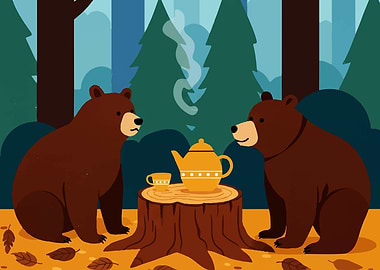Bears having tea in the forest