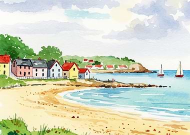 Coastal Village Watercolor Painting