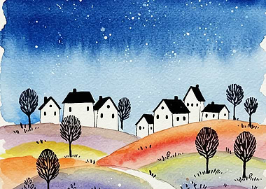 Watercolor Village Under Starry Night Sky