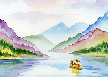 Watercolor Mountain Lake with Boat