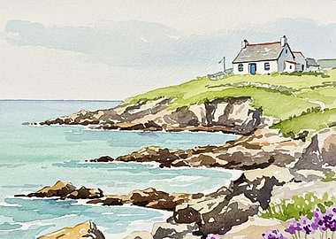 Coastal Cottage Watercolor Painting