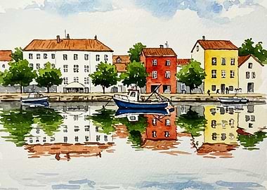 Watercolor painting of a European cityscape