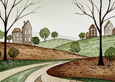 Watercolor Village Landscape