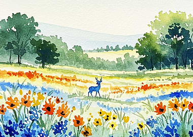 Watercolor Deer in Floral Meadow