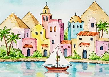 Watercolor Egyptian Village with Sailboat