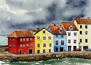 Watercolor Coastal Town Street Scene