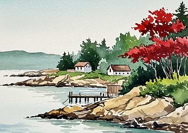 Watercolor Coastal Landscape with Houses