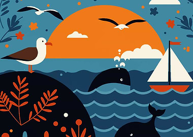 Nautical Scene with Whale and Seagulls