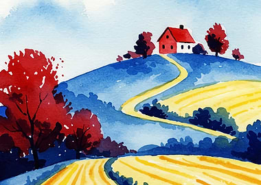 Watercolor Landscape with House on Hill