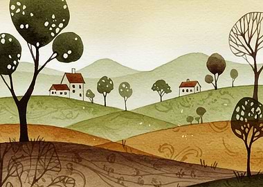 Watercolor Landscape with Houses and Trees