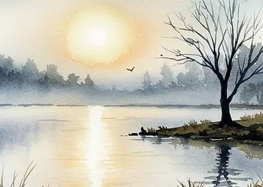 Watercolor Lake Sunrise with Bare Tree
