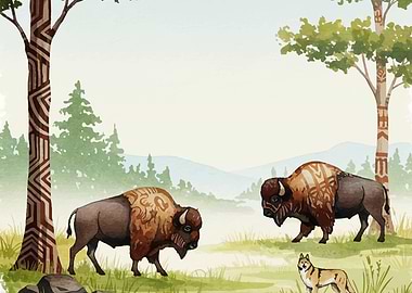 Bison and Wolf in Watercolor Landscape