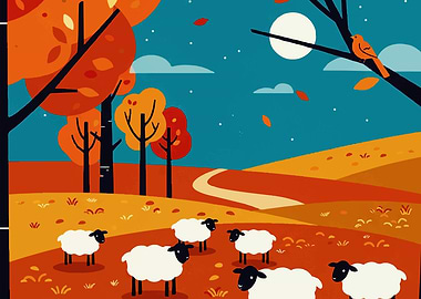 Autumn Landscape with Sheep and Bird