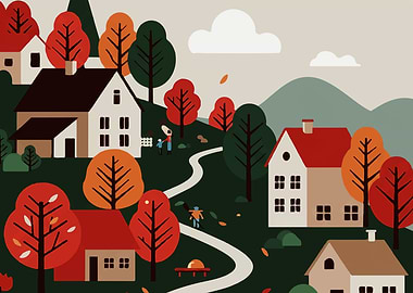Autumn Village Landscape Illustration