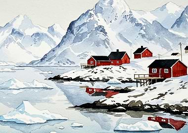 Watercolor Painting of Arctic Village