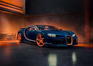 blue bugatti chiron in garage