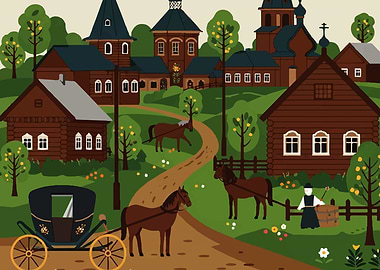 Rural Village Scene with Horses