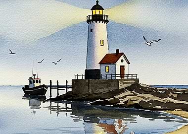 Watercolor Lighthouse Scene with Boat
