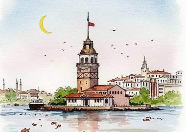 Watercolor Painting of Maiden's Tower, Istanbul