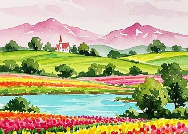 Watercolor Landscape with Church and Flowers