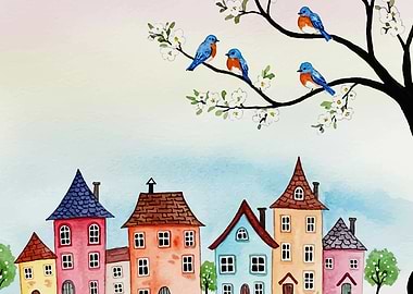 Watercolor Birds and Whimsical Village