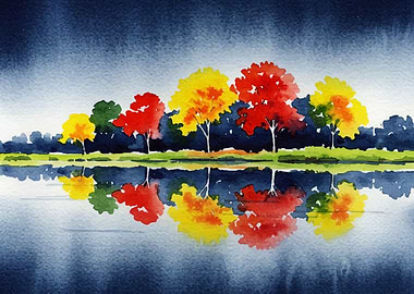 Autumn Trees Watercolor Reflection