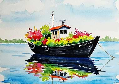 Floral Boat Watercolor Painting