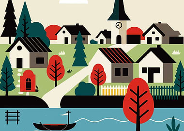 Stylized Village Landscape with Lake