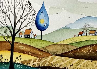 Watercolor Landscape with Houses and Tree