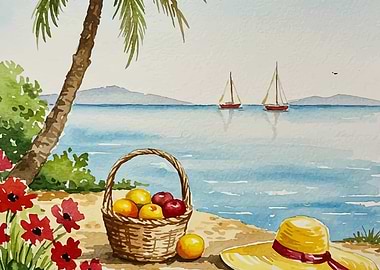Watercolor Beach Scene with Fruit Basket