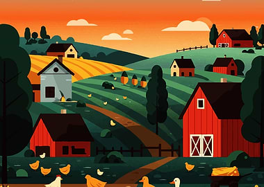 Farm Landscape with Animals and Buildings