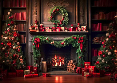 Festive Christmas Fireplace with Decorated Trees