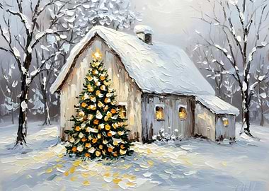 Winter Cabin with Christmas Tree Painting
