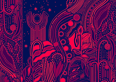 Abstract Floral Pattern in Red and Blue