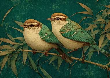 Bamboo Perch — Teal Songbird Pair