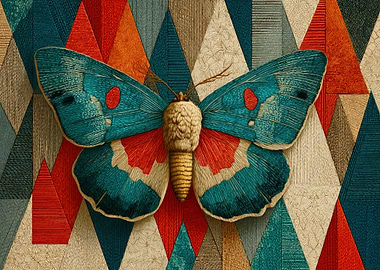 Geometric Moth on Teal & Vermilion