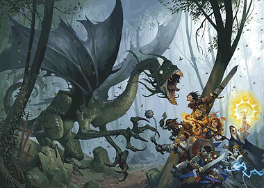 Dragon versus Adventurers in Forest Battle