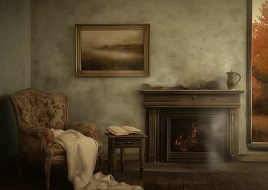 Cozy Interior with Fireplace and Armchair