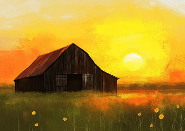Barn at Sunset Painting