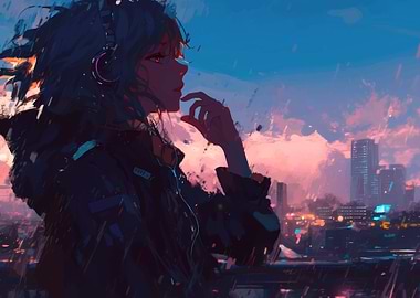 Anime Girl Listening to Music Cityscape