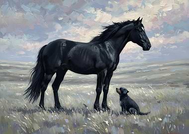 Black Horse and Dog in Field