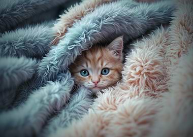 Cute Kitten in Fluffy Blanket