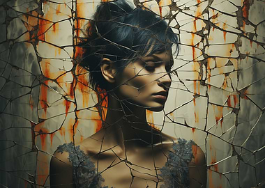 Woman behind broken glass