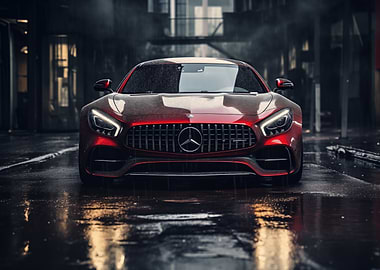Red Mercedes AMG in Rain